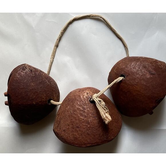 Vintage Hand Carved Primitive Hanging Wooden Cow Bell Collectable Set Of 3